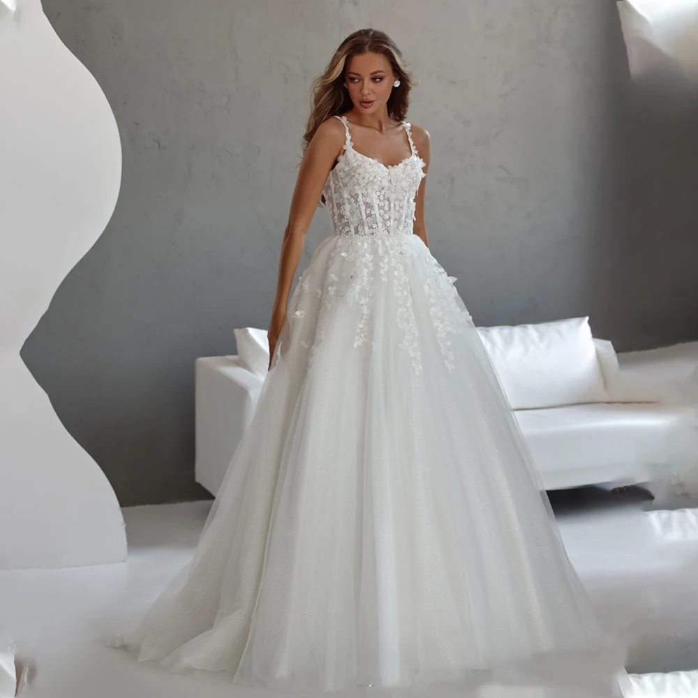 Очаровательные бретельки Sweetheart 3D Fliwer Кружева Свадебные платья трапециевидной