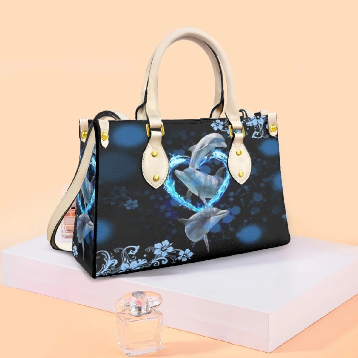 Belidome Blue Dolphin Floral Design Luxury Pureses and Handbags For Womens Top Handle Satchel Shoulder Bags Messenger Tote Bag