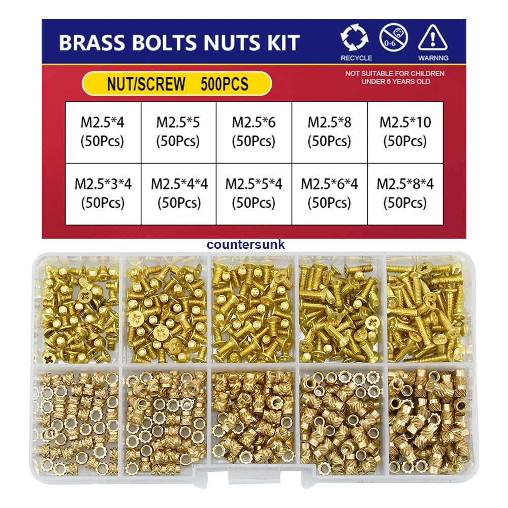 

M2 M2.5 M3 M4 M5 Метрическая Резьбовая вставка, латунные гайки, набор болтов с потайной головкой, винты, термоплавкий нагрев, наборы насадок для впрыска