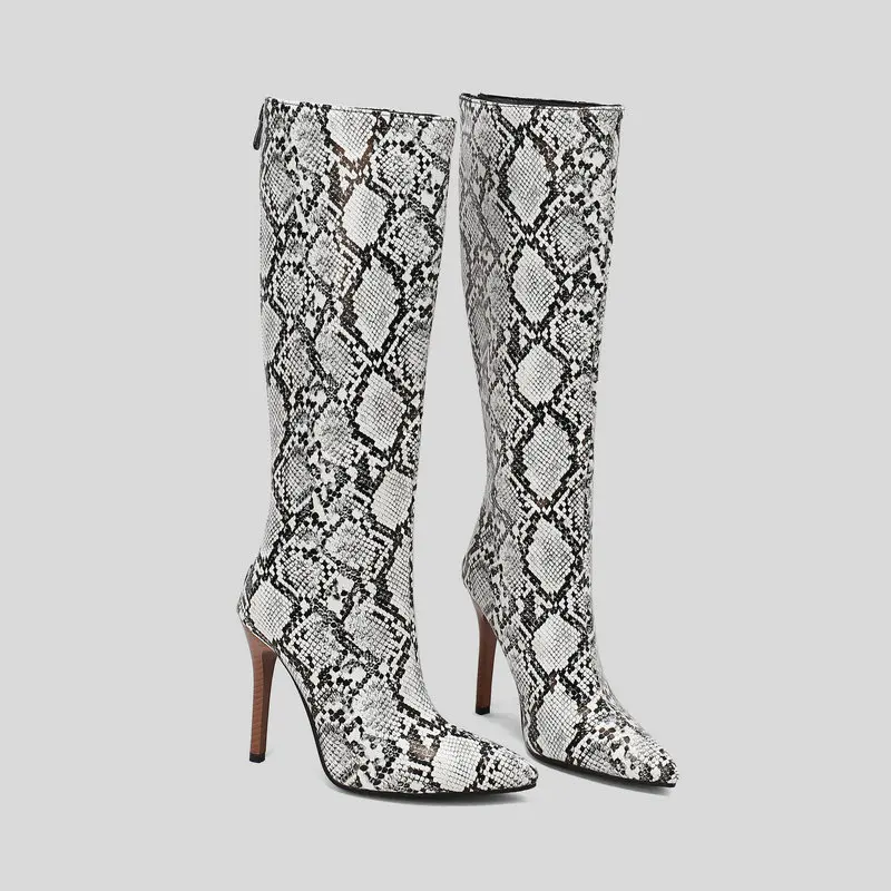 

Autumn Winter Women Knee High Boots Fashion Serpentine skinThin High Heel Boots Zipper Pointed Toe Ladies Shoes Plus Size 34-46