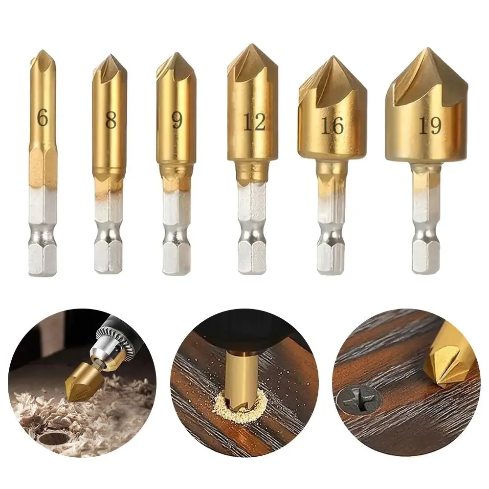 

3/6PCS Counter Sink Drill Bit Set 1/4'' Hex Shank HSS 5 Flute Countersink 90 Degree Wood Chamfering Cutter Chamfer 6mm-19mm