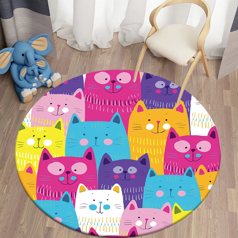 Decorative Carpet Cartoon Cat Printed Area Rugs Round Carpet for Living Room Floor Mat Flannel Anti-Slip Mat for Children
