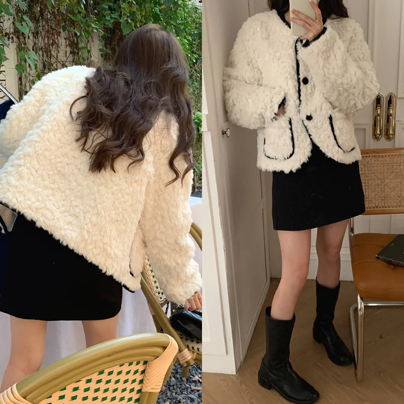 Korean Fashion Loose Fluffy Quilted Coats Female O Neck Long Sleeve Thickened Woman Coat Pocket Sweet Top Women Dropshipping