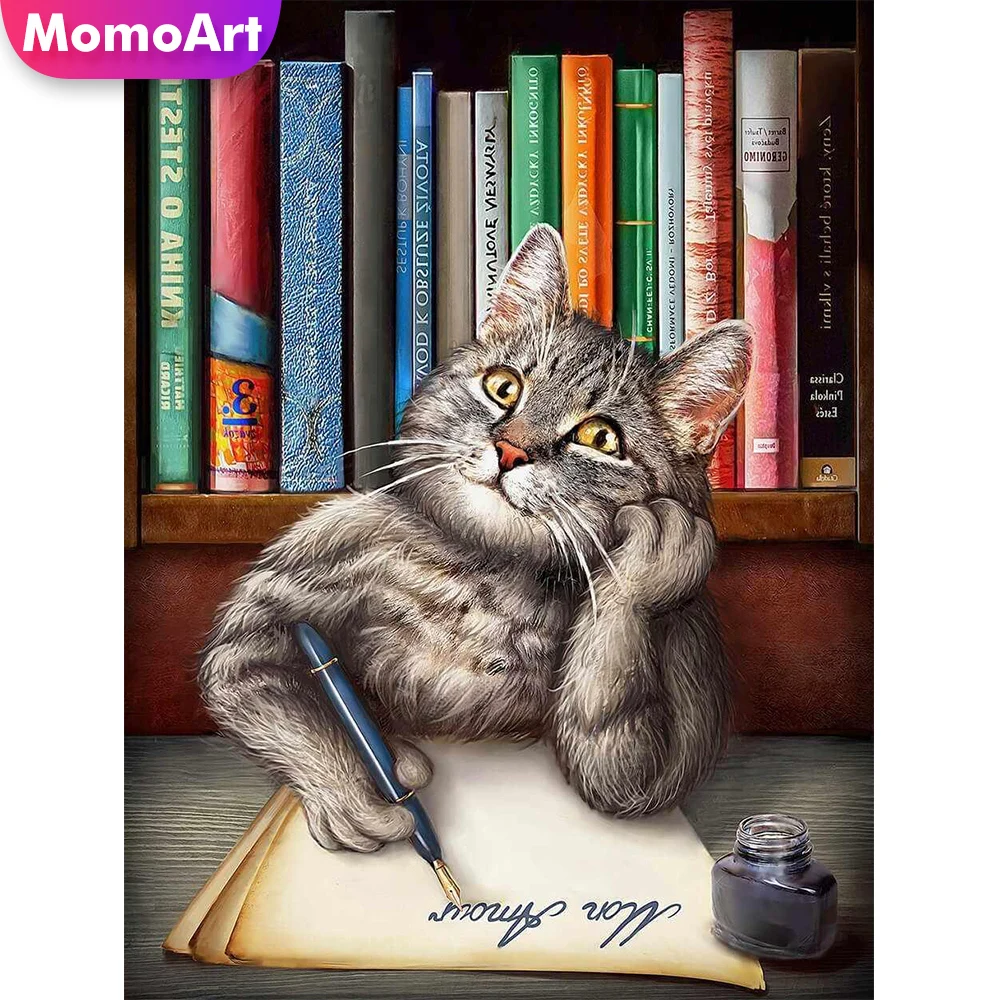 

Алмазная живопись MomoArt в виде кошки, животное, мозаика, книга, вышивка крестиком, картина стразы, хобби ручной работы