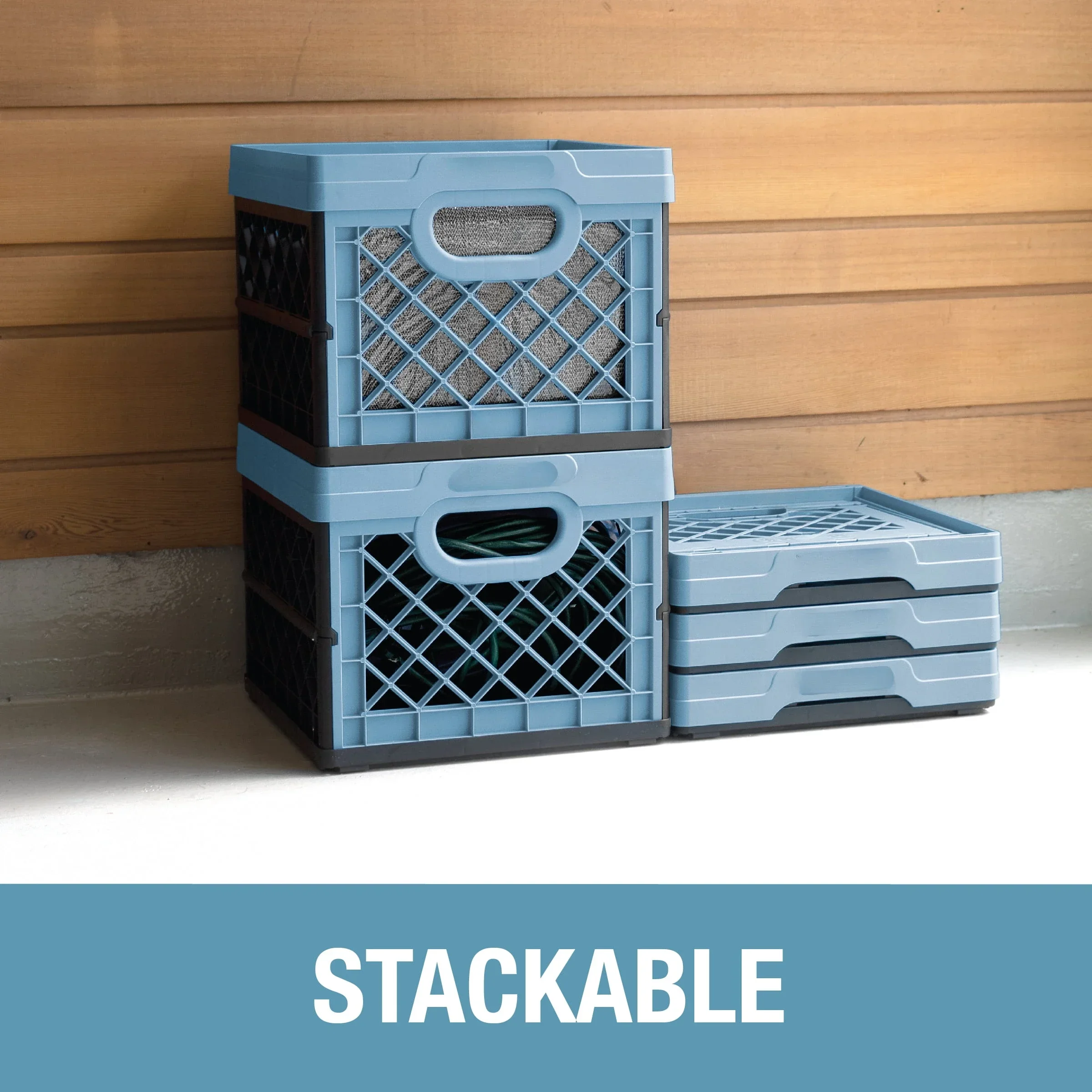 

g Plastic Collapsible Milk Crate, Adult Folding Storage Bin, 6.6 gal Slate Blue