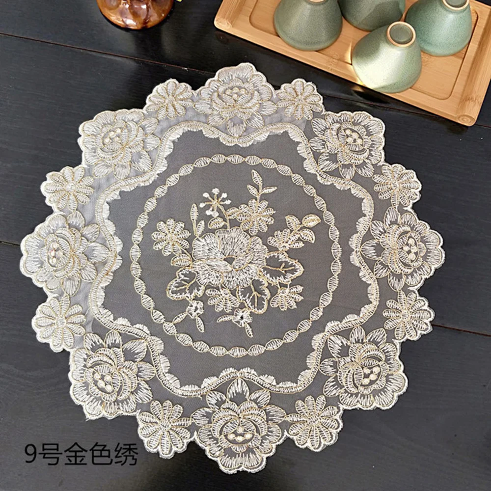 

Embroidery Gold Lace Cushion Exquisite Placemats Flower Tablecloth Dust Table Cover Placemat Cup Coffee Table mat Round Coaster