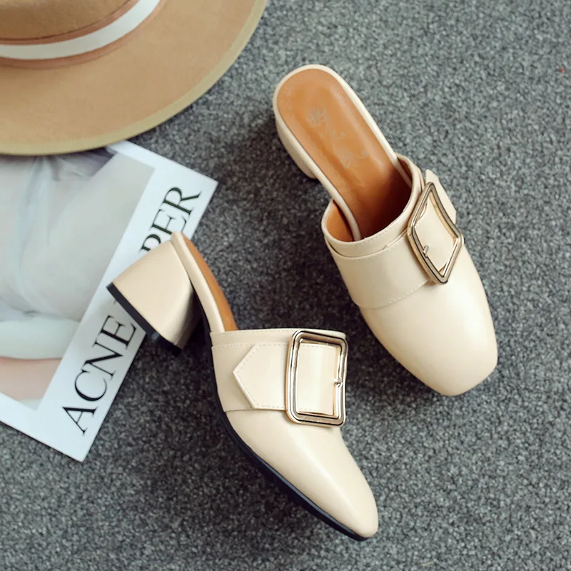 

New Arrival Handmade Popular Hot Sale Ladies Chunky Heel Sandals Buckle Deco Summer Spring Easy Wear Slippers Fashion Prom Shoes