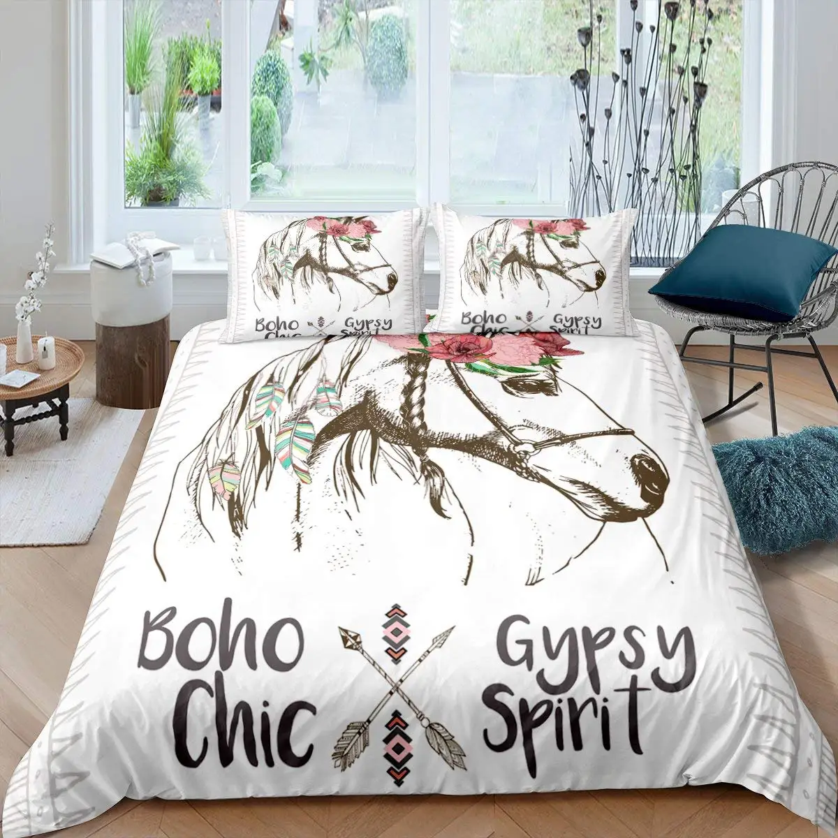 

3D Horse Duvet Cover King Queen Size Yellow Set Floral Animal Theme Quilt Cover Wildlife Soft Comforter Cover Sunflower Bedding