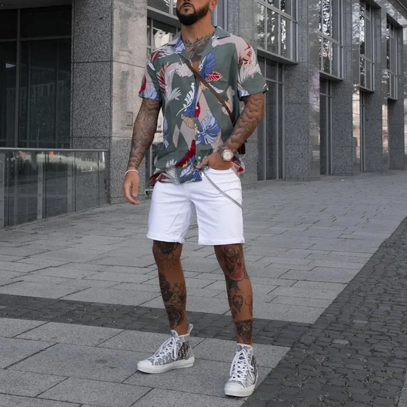 Summer Shirt Top Men's Fashion Printed Loose Cardigan Shirt Men's Casual Short Sleeve Single-Breasted Turn-down Collar Shirt