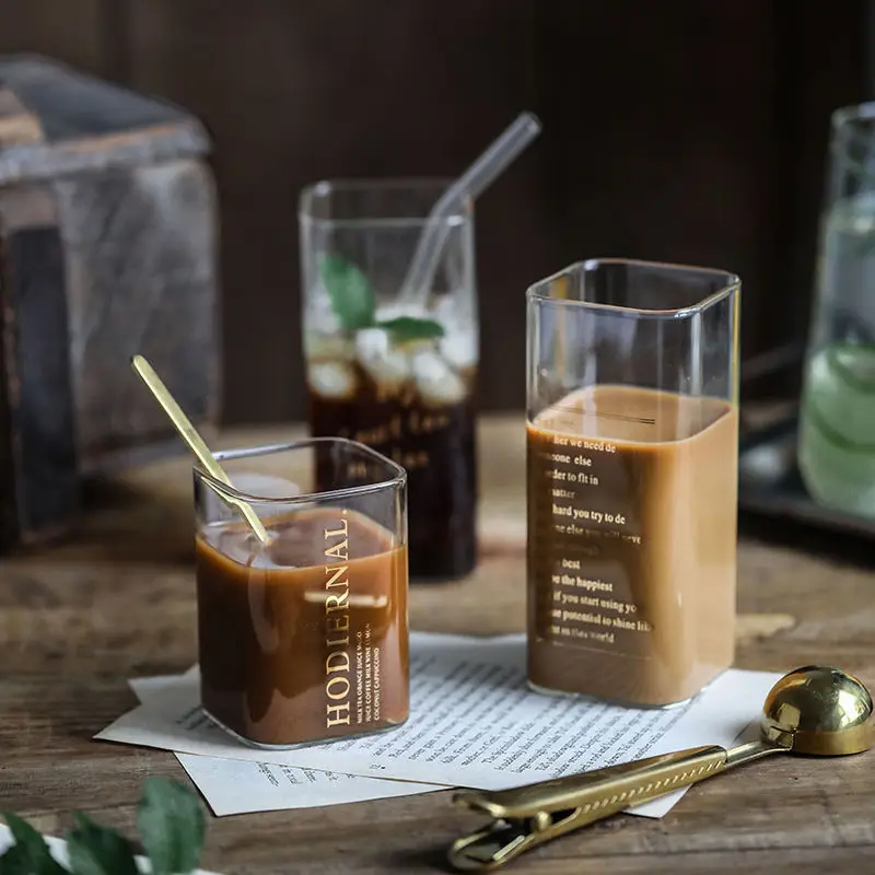 

Square Glass Creative Heat-Resistant Home Breakfast Milk Simple Kawaii Double-Layer High Temperature Resistant Coffee Juice Cup
