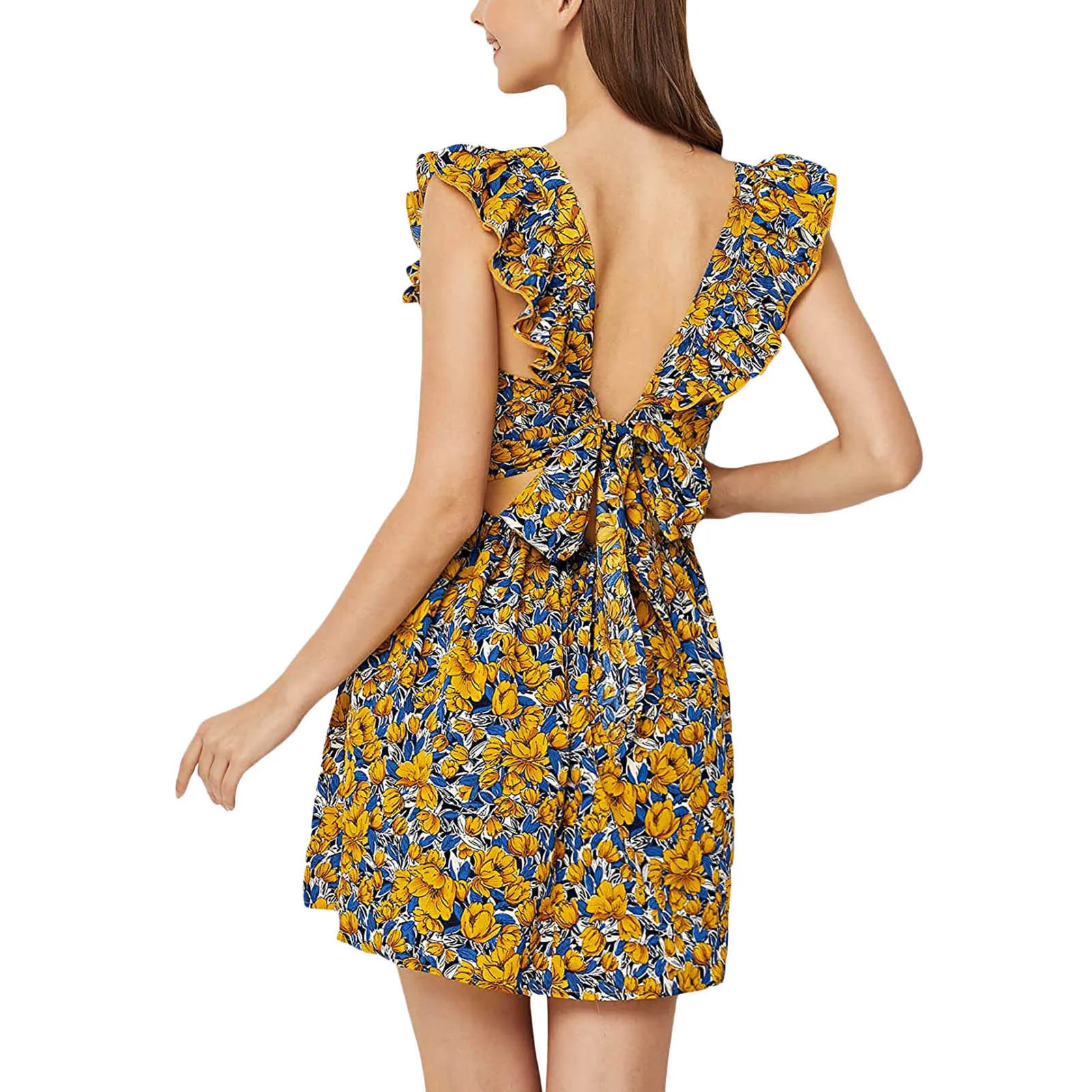 

Dresses for women 2022 Women Cute Tie Back Ruffle Dress Strap A Line Fit And Flare Flowy Dress Short Fashion Sleeveless Dress