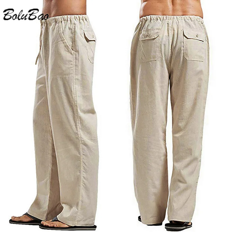 

Summer Men Solid Color Linen Pants Multi-Pocket Strait Casual Pants Lare Size Breatable Lit Loose Trousers Male