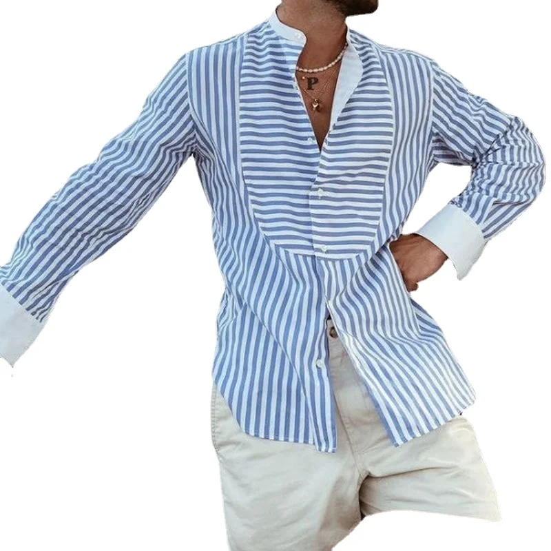 Men Shirt Simple Shirt Men Casual Striped Loose Cardigan Shirt Summer Fashion Long Sleeve Single-Breasted Stand Collar Shirt Top