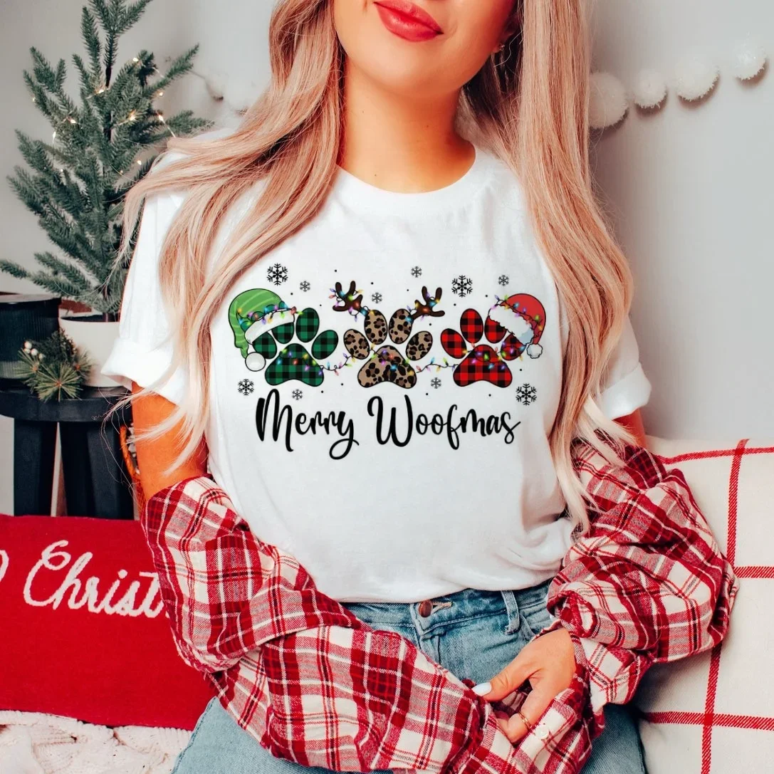 Винтажная новогодняя футболка с принтом Merry Woofmas Santa Hat модная женская и круглым