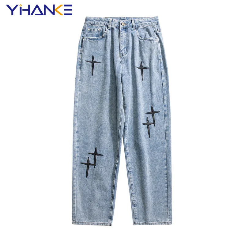Embroidered Jeans Men's Y2k Straight Trousers Autumn New Korean Fashion High Street Hip-hop Style Loose Wide-leg Trousers Trend