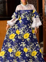 summer floral printed maxi dress women fashion long sleeve sundress vonda 2022 crochet patchwork holiday party dress vestido