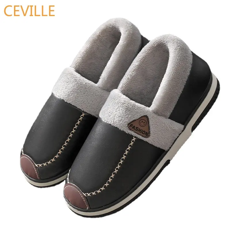 

Plus Size Men Slippers Black Winter PU Leather Waterproof Warm Plush Indoor Home Slipper Furry Couples Flat Slides Bedroom Shoes