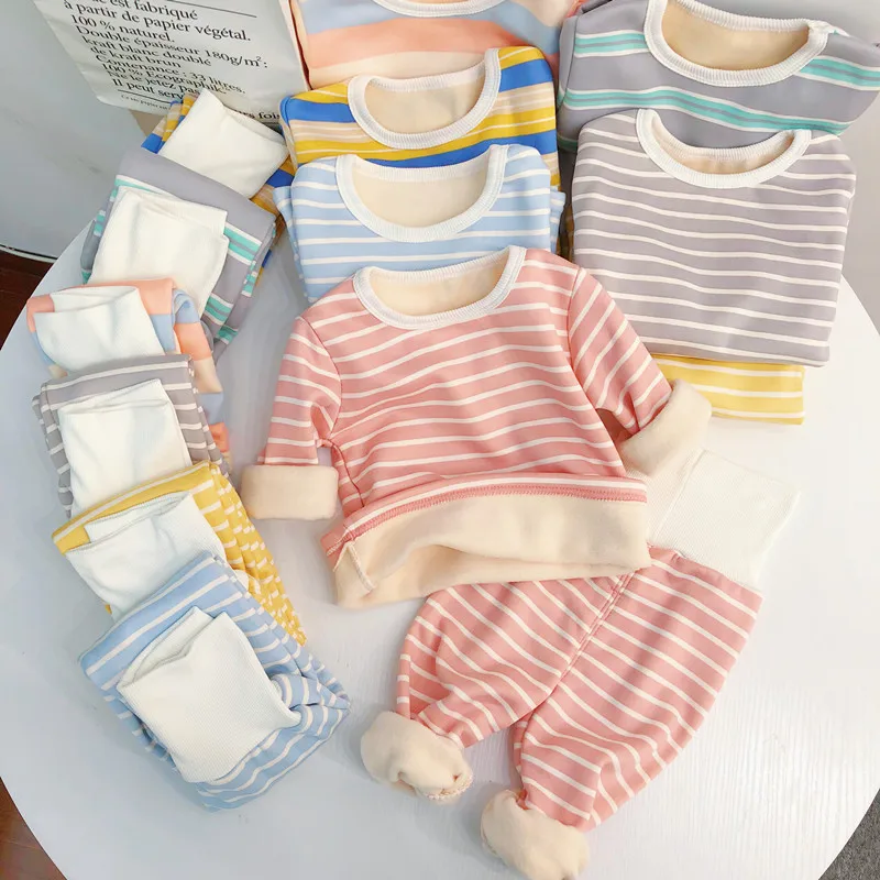 

2023 Boys and Girls long sleeve Baby Warm long sleeve Clothes High Waist Plus Fleece Homewear