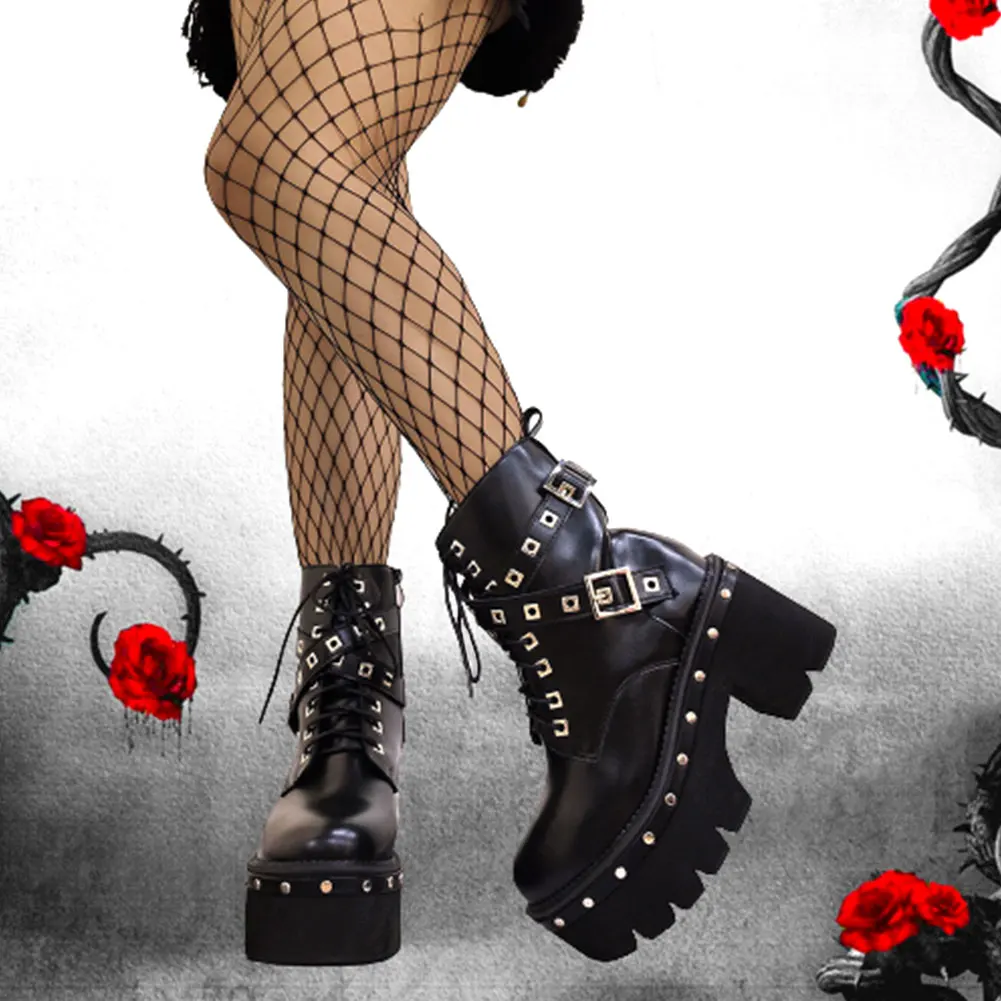 

Platform Gothic Style Punk Mortocycle Ankle Boots For Women Lace Up Metal Grunge Combat Heeled Chunky Casual Shoes Woman