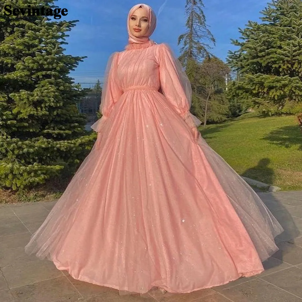

Sevintage Modest A Line Shiny Tulle Prom Dresses 2023 Long Sleeves High Neck Saudi Arabic Mother Evening Gowns Dubai Party Dress