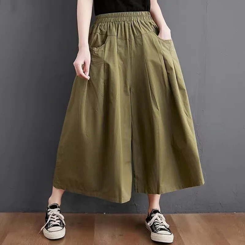

Wide-leg Pants Women's Summer 2022 New Korean Version Loose Tight High-waisted Pocket Hakama Skirt Slim Nine-point Pants