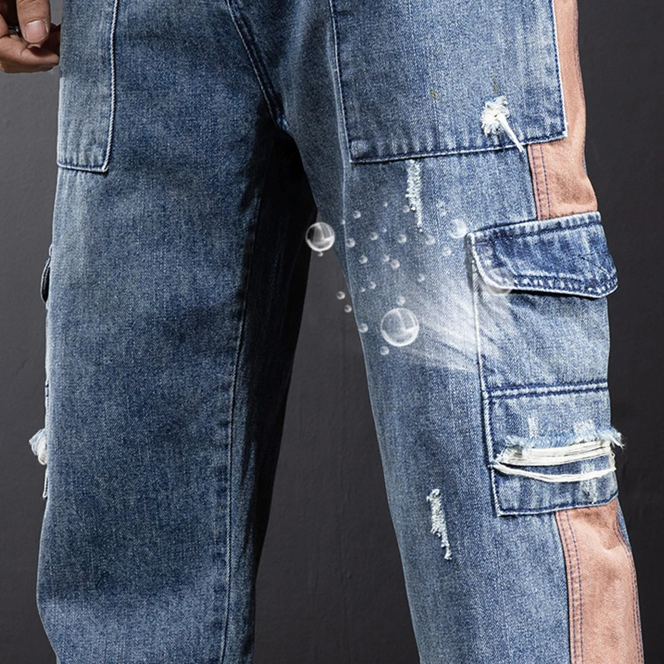 Plus Size Jeans Men Denim Pants Baggy Jeans Pants Streetwear Patchwork Trousers Male Big Size Bottoms Fashion Causal