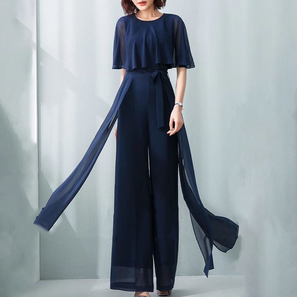 2023 Summer New Women's Fashion Solid Color Lotus Leaf Sleeve Chiffon Wide Leg Jumpsuit Temperament High Waist Jumpsuit