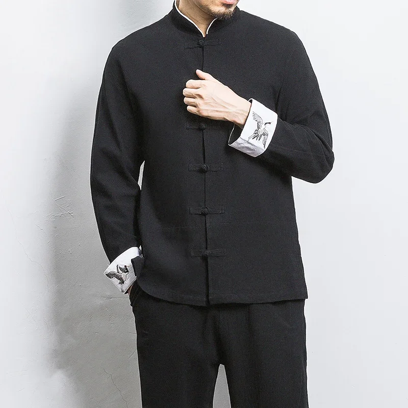 Рубашка Мужская льняная с вышивкой журавлей традиционная китайская одежда