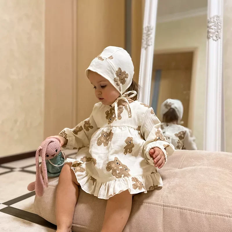 Korean Baby Boy Girls Romper Newborn Organic Cotton Cartoon Bear Print Puff Sleeve Shorts Suit Baby Cute Bear Clothes Set