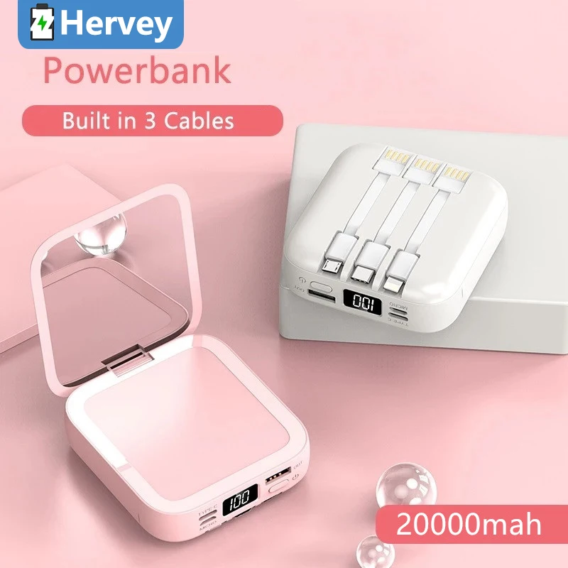 

20000mAh Portable Mini Power Bank Makeup Mirror LED Digital Display Powerbank External Battery Pack Power Bank For Mobile Phones