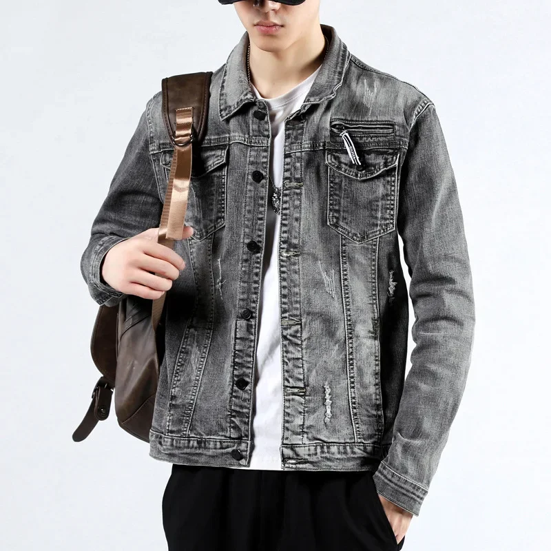 Мужская повседневная ВИНТАЖНАЯ ДЖИНСОВАЯ КУРТКА серая многофункциональная
