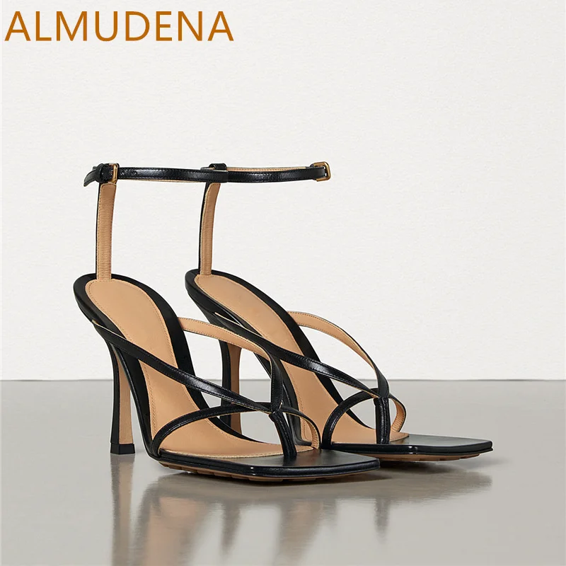 Square Toe Thin Heel Narrow Band Women Sandals Solid Sheepskin Super High Heel Flip-flops Buckle Strap Shoes Modern Dress Sandal