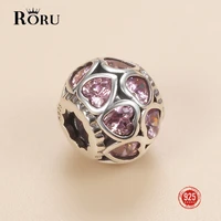 roru silver round beads pink zircon heart for jewelry making 925 sterling silver charm fit original bracelet female jewelry diy