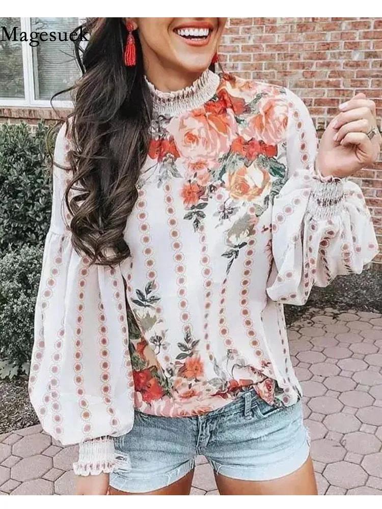 

2022 Vintage Casual Boho Blouse Chiffon Shirt Floral Print Blouse Women Long Sleeve O-neck Cream Tops Female Blouse Shirt 20041
