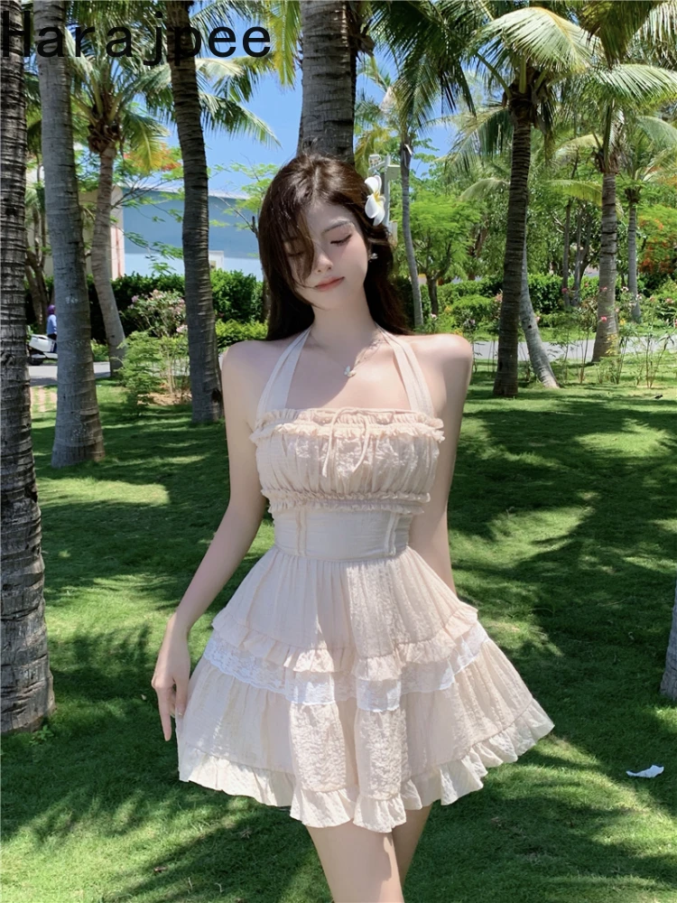 

Harajpee Halter Dress Lace Stitching French Style Sweet Gentle Sleeveless Slip Dress Solid Color A Line Dress Summer New 2022