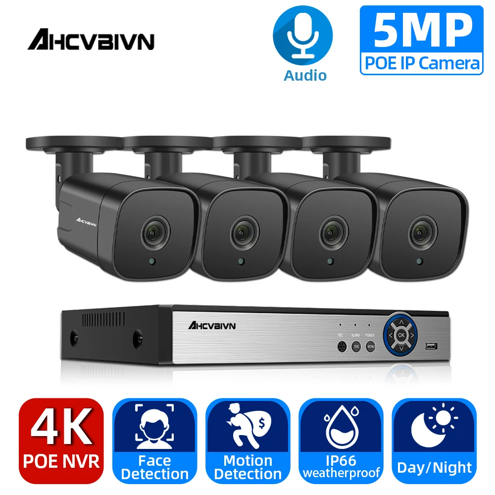 

Система видеонаблюдения H.265 + 4CH, 5 Мп, POE, NVR, комплект, распознавание лица, наружная Водонепроницаемая Камера Безопасности IP66, 5 МП, POE IP, компле...