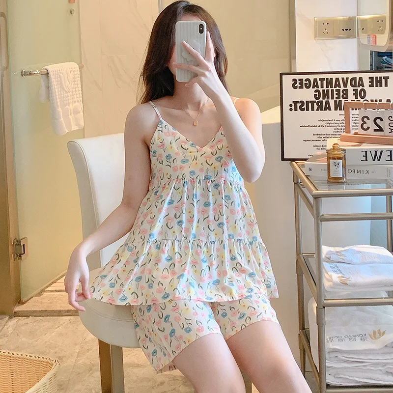 Sweets Princess Girls' Summer Viscose Pajamas Suit V-Neck Sling Printing Two Pieces Fairy Clothes Plus Size With Bra