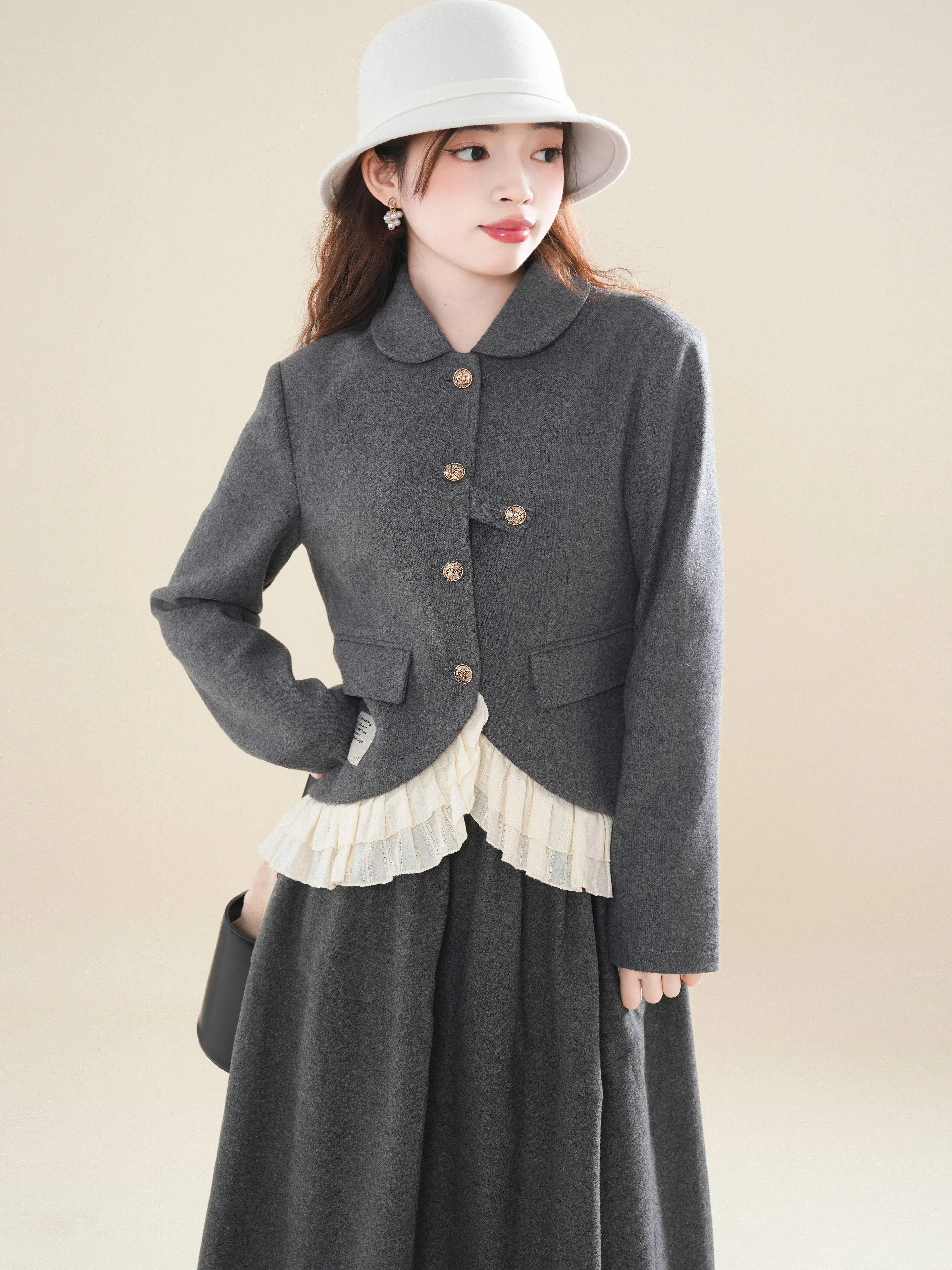 Cocoa Forest Water Moon-Free Japan fashion Yamamoto Sle Gray Patchwork Lotus Leaf Lace Outerwear Skirt sets Women Autumn