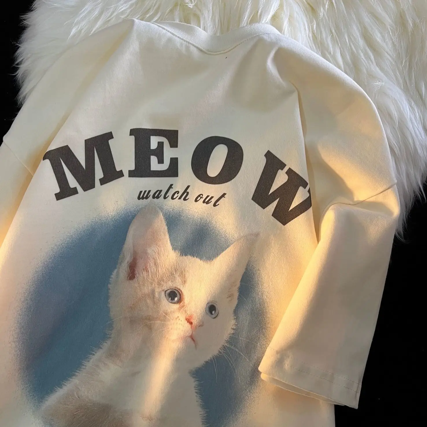 

Cute cat animal pattern short sleeved T-shirt men and women loose national niche couple half sleeved women clothing harajuku