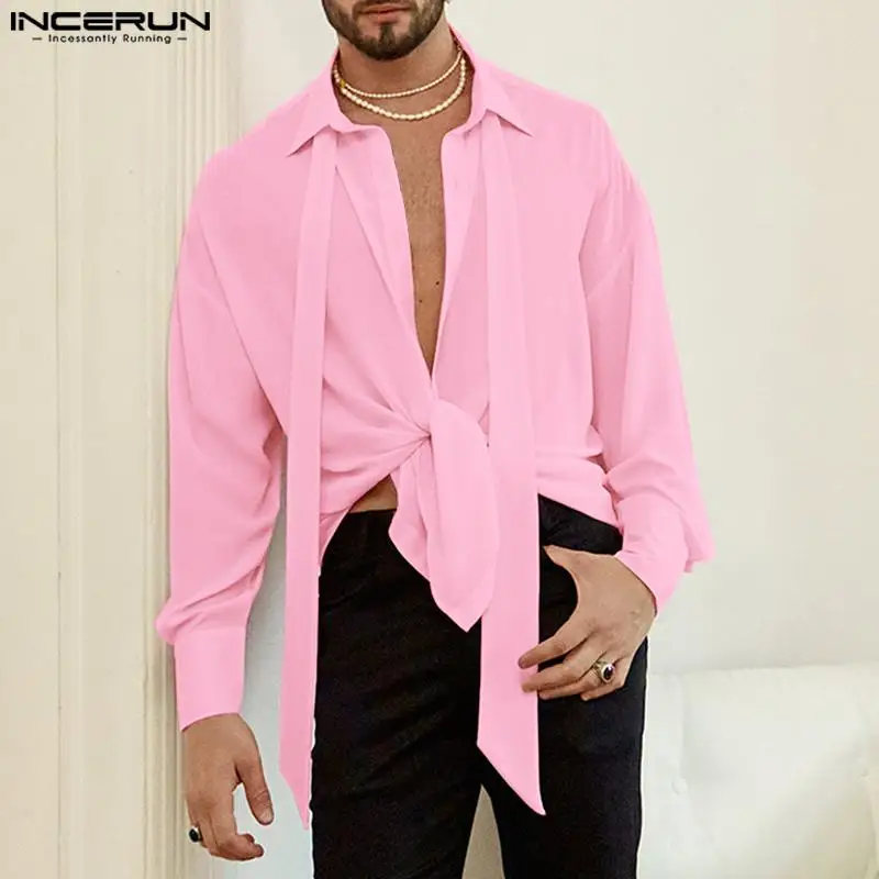 

2023 Men Shirt Lapel Long Sleeve Lace Up Streetwear Button Loose Casual Men Clothing Solid Color Fashion Camisas S-5XL INCERUN