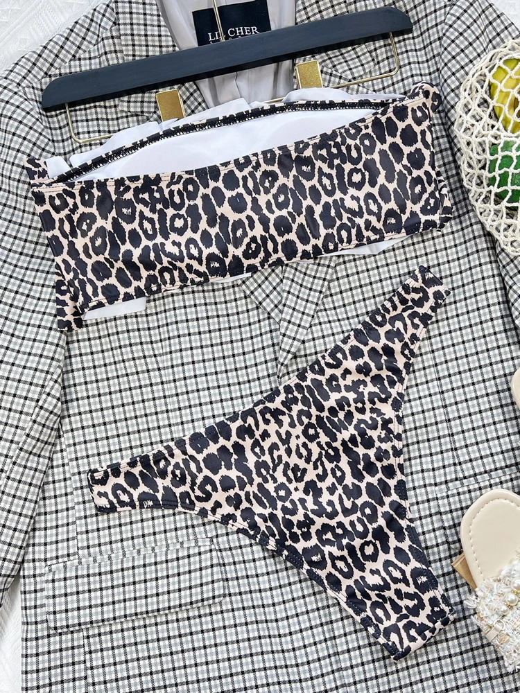 Женский леопардовый купальник Vigorashely Бикини бандо с высоким вырезом пуш-ап и