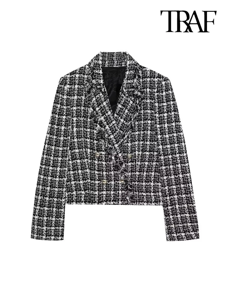 

TRAF Women Fashion Double Breasted Cropped Tweed Blazer Coat Vintage Long Sleeve Frayed Trim Female Outerwear Chic Vestes