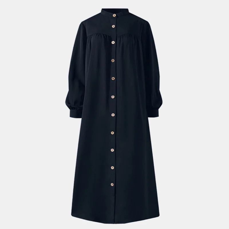 Ramadan Solid Long Sleeve Muslim Hijab Shirt Dress Casual Pocket Abaya Dubai Formal African Dresses for Women Islamic Clothing