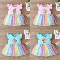 cute bear winnie print baby 1 2 3 4 years birthday rainbow dress infant girls children party toddler summer mesh dresses clothes