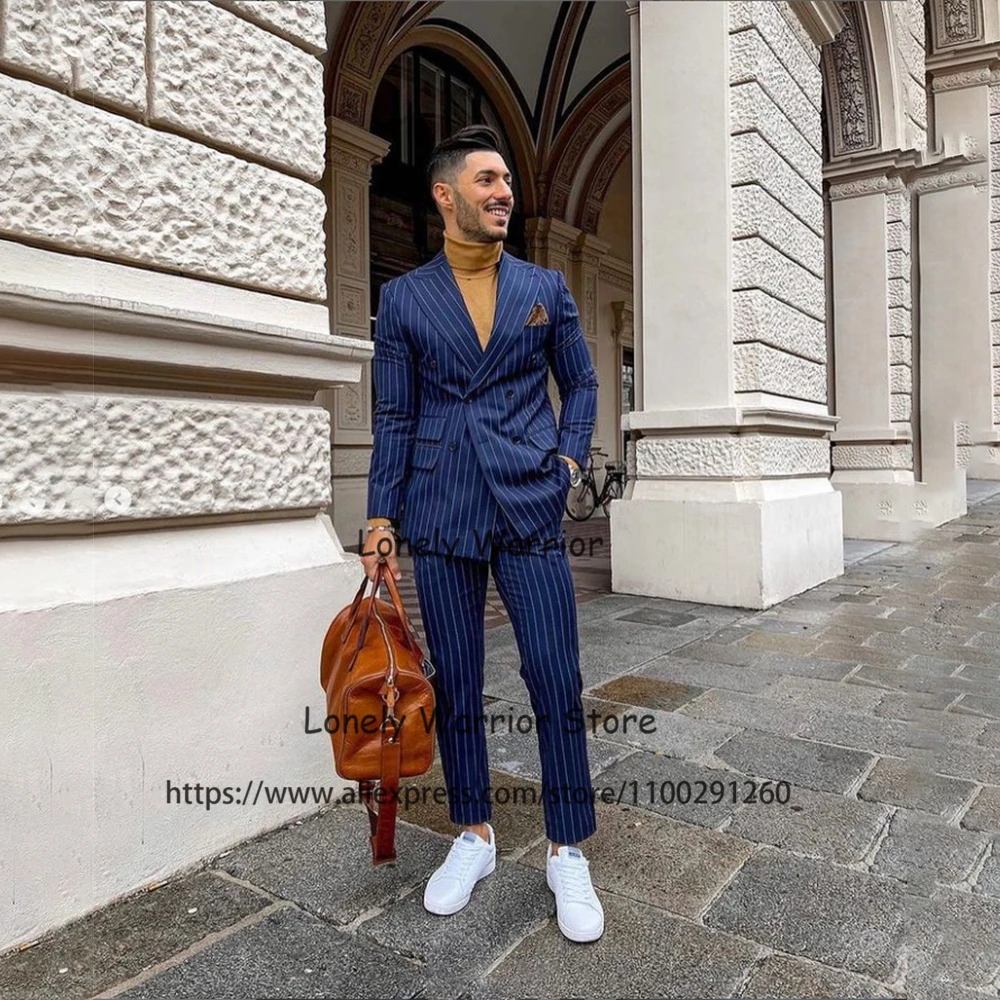 

Мужские костюмы в темно-синюю полоску, облегающий двубортный деловой Блейзер, свадебный смокинг для жениха, комплект из 2 предметов, мужской пиджак и брюки