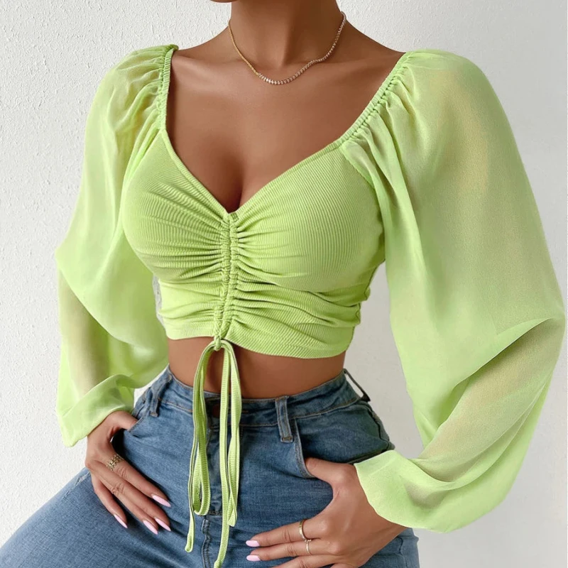 

Fashion Solid Folds Slim Waist Clothing All-match Square Collar Long Sleeve Shirt Women Tops Spring New Sexy Blouse Blusas 23684