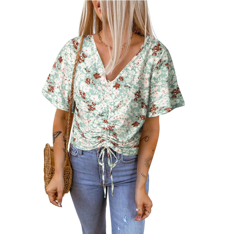 

Summer T-shirt Floral Women's Trumpet Sleeve Top Drawstring Solid Color Printing Short-sleeved Loose Casual Women's Clothing