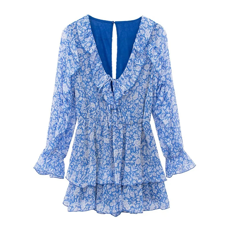 

KBAT Blue Floral Short Jumpsuit Women 2022 Vintage Ruffle Elegant Woman Jumpsuit Back Opening Long Sleeve Rompers Playsuits