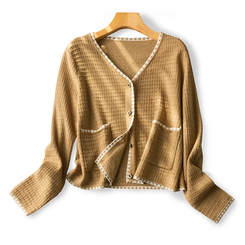 Классический шерстяной кардиган женский топ коричневый свитер вязаное пальто в