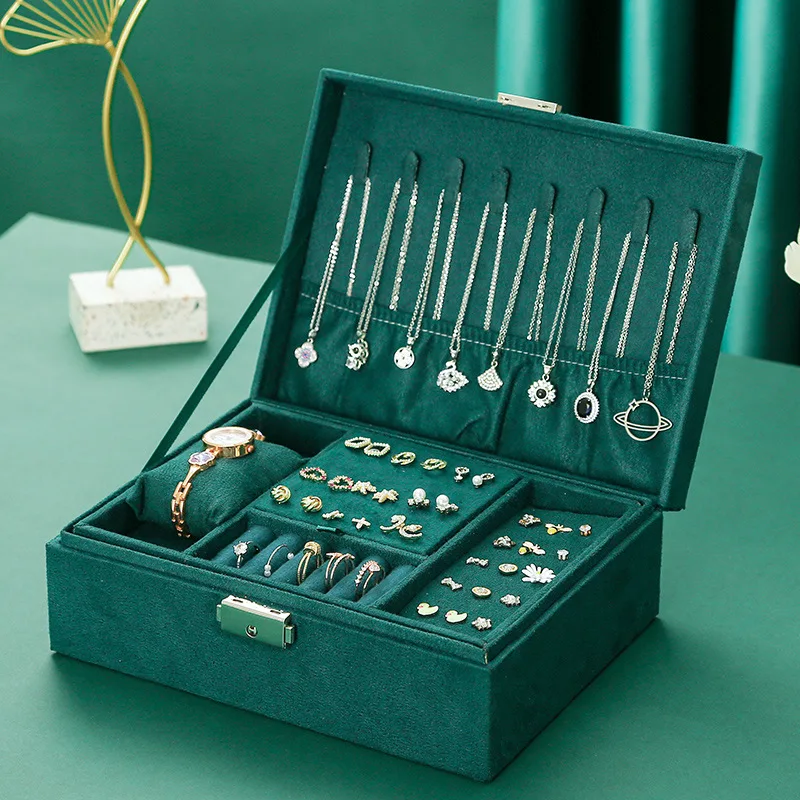 

New Retro Velvet Jewelry Box 2 Layers With Lock Storage Box Necklaces Watch Earrings Multifunctional Jewelry Box Large Capacity
